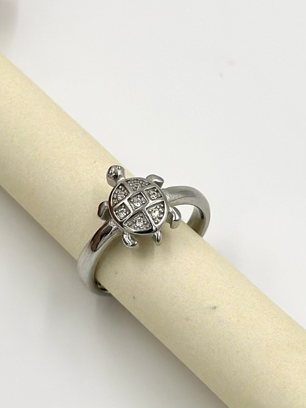 Zircon studded, turtle shaped sterling silver artisanal ring