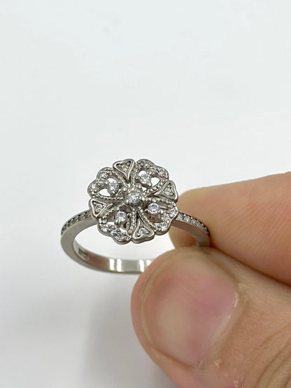 Zircon studded, flower shaped sterling silver artisanal ring