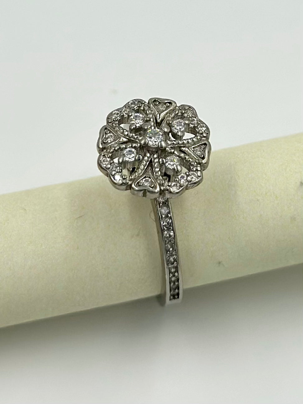 Zircon studded, flower shaped sterling silver artisanal ring