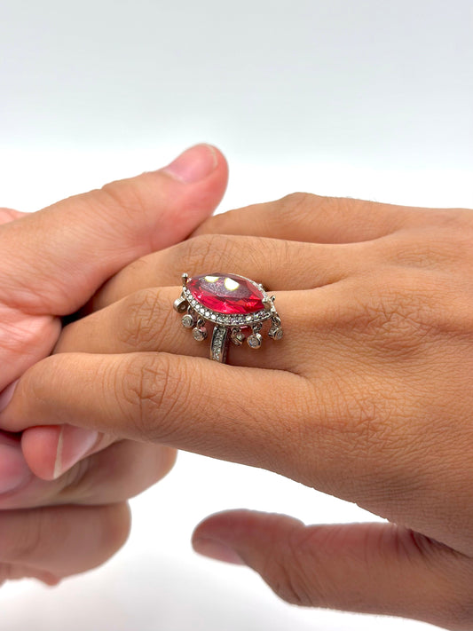 Zircon and ruby studded sterling silver cocktail ring