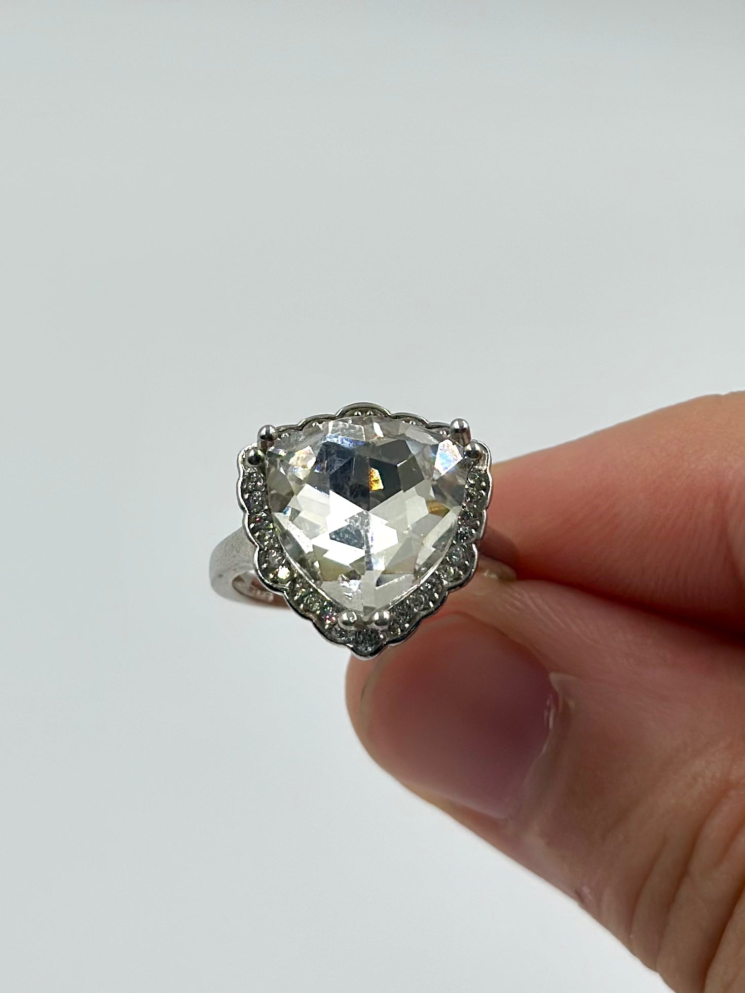Zircon and stone studded, triangle shaped sterling silver cocktail ring