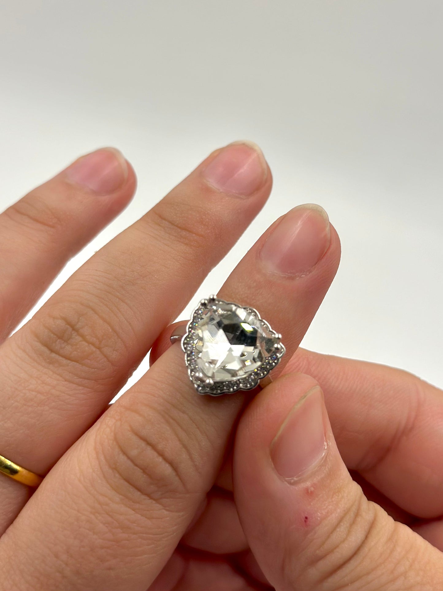 Zircon and stone studded, triangle shaped sterling silver cocktail ring