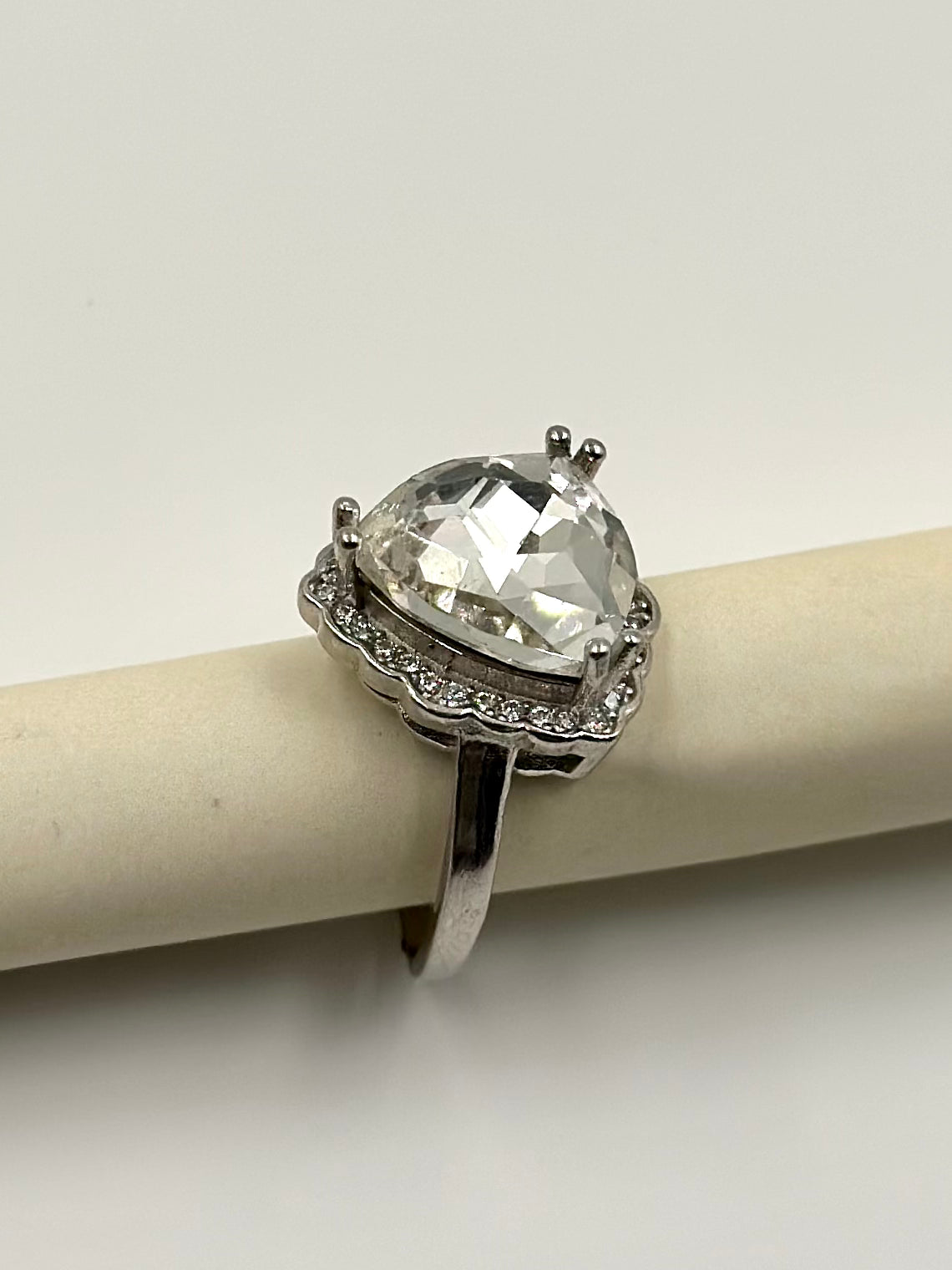 Zircon and stone studded, triangle shaped sterling silver cocktail ring