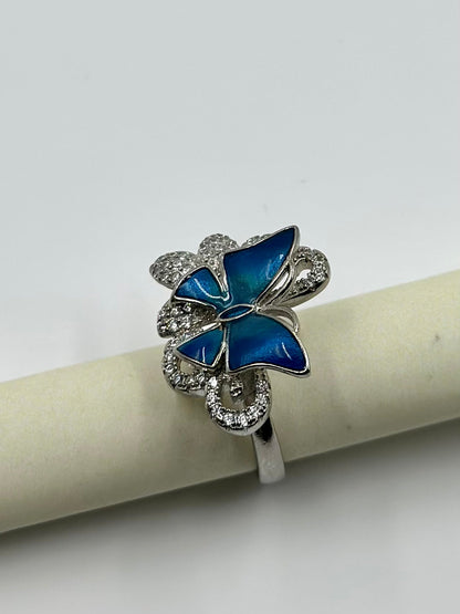 Zircon studded, enamel coated, butterfly shaped sterling silver cocktail ring