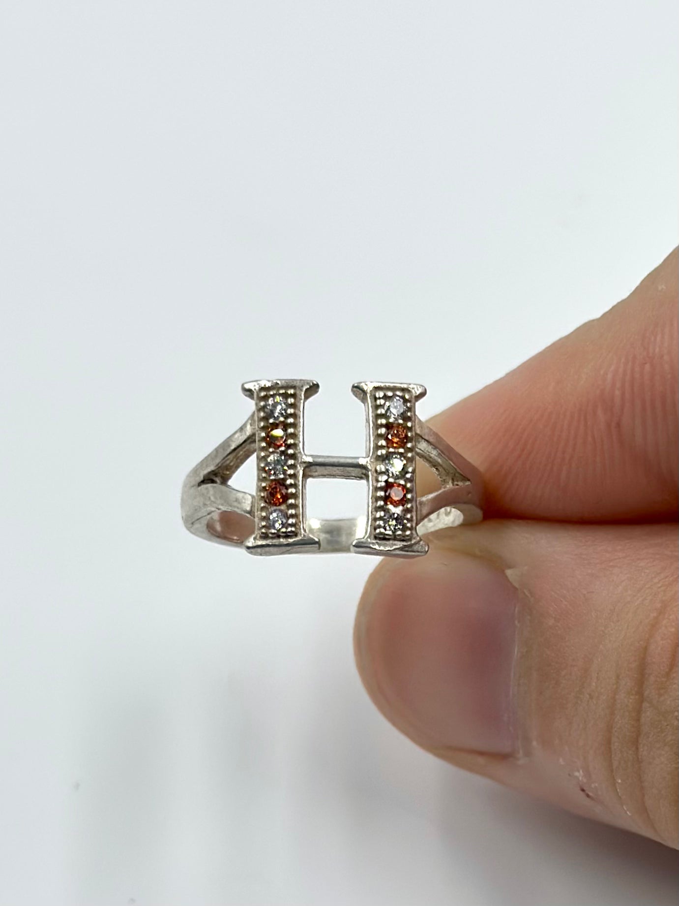 H shaped, zircon studded sterling silver artisanal ring