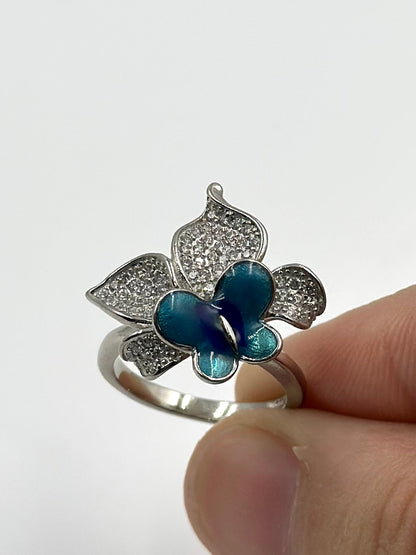 Zircon studded, enamel coated, butterfly shaped sterling silver cocktail ring