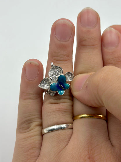 Zircon studded, enamel coated, butterfly shaped sterling silver cocktail ring