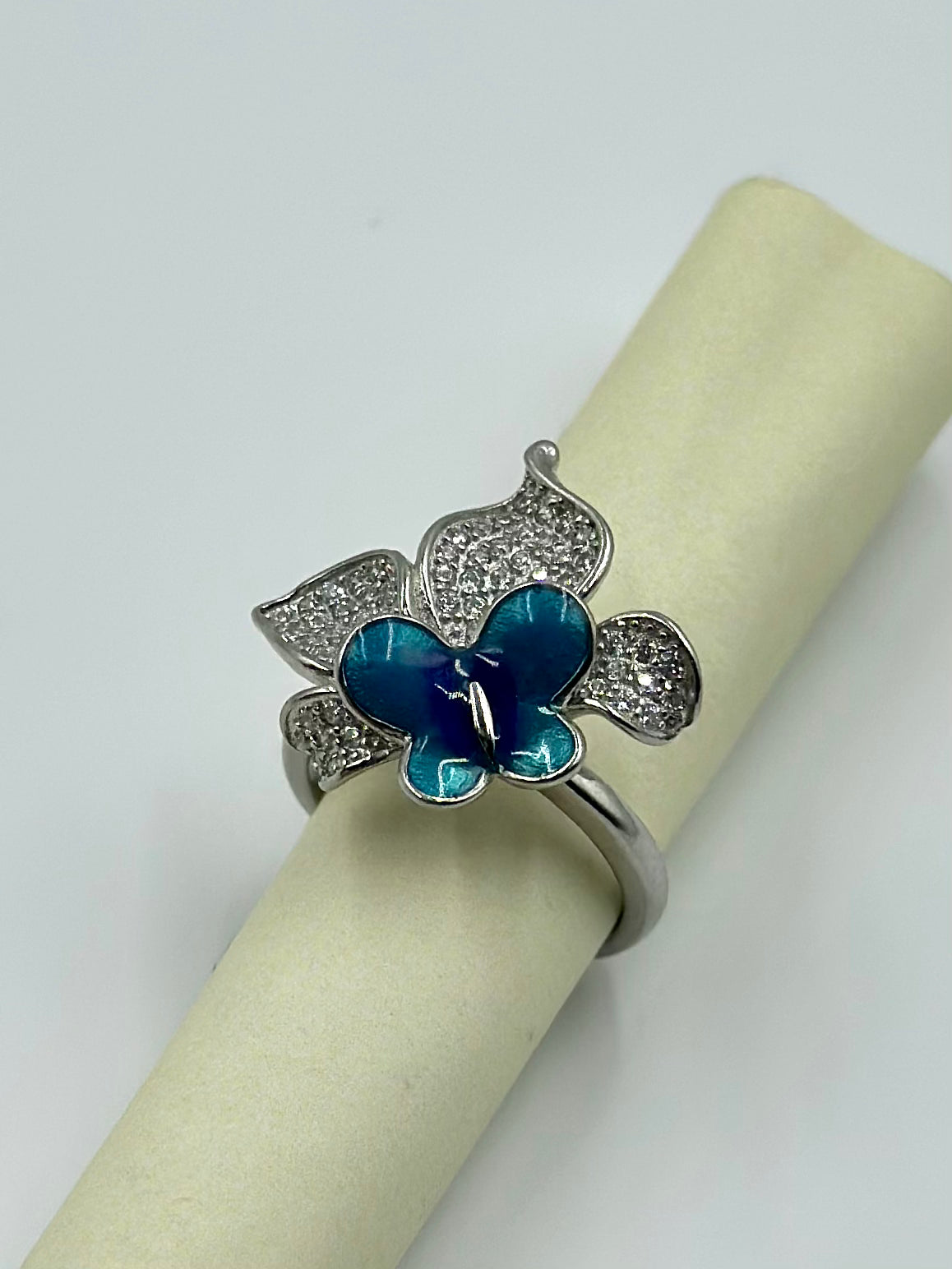 Zircon studded, enamel coated, butterfly shaped sterling silver cocktail ring