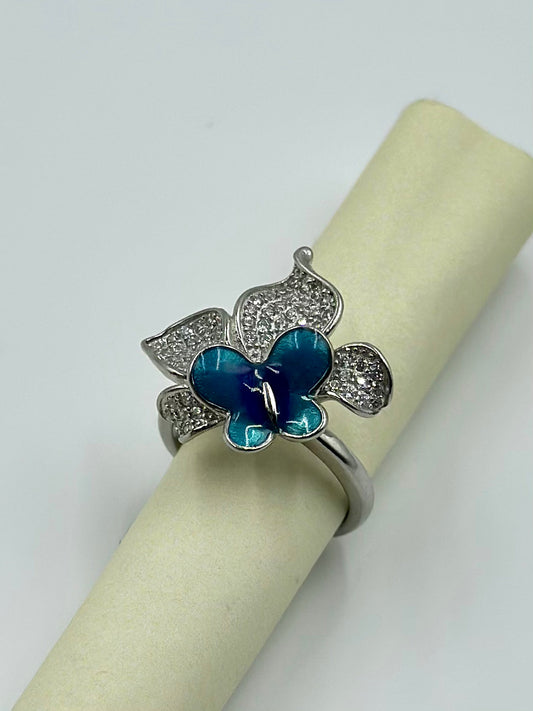 Zircon studded, enamel coated, butterfly shaped sterling silver cocktail ring