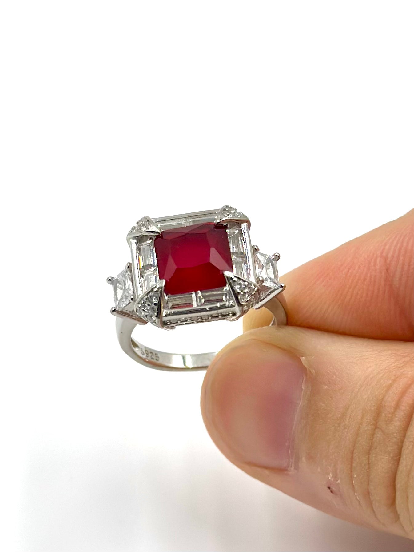 Ruby and zircon studded, square shaped sterling silver cocktail ring