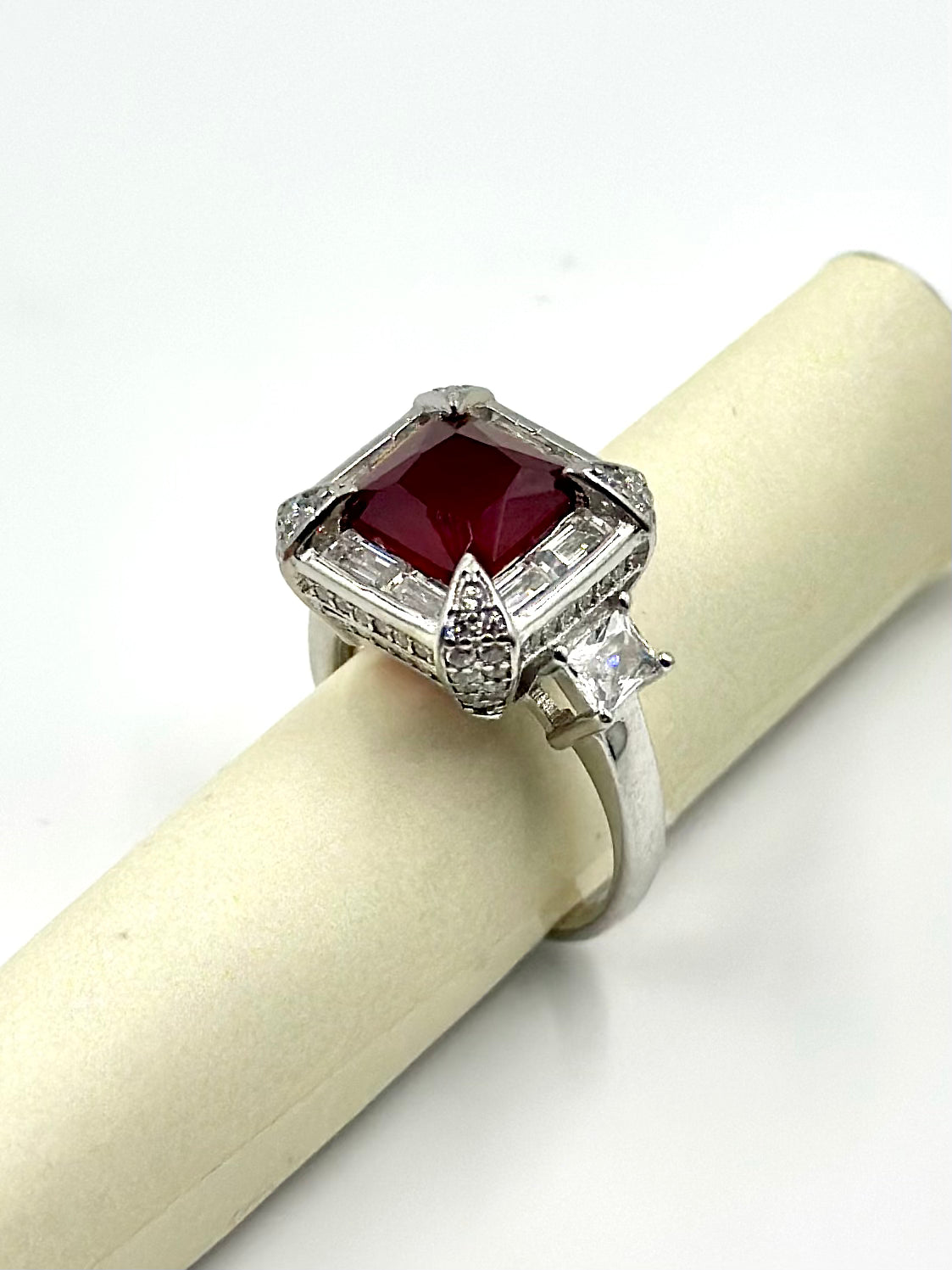Ruby and zircon studded, square shaped sterling silver cocktail ring