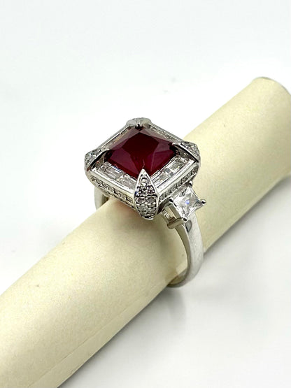 Ruby and zircon studded, square shaped sterling silver cocktail ring