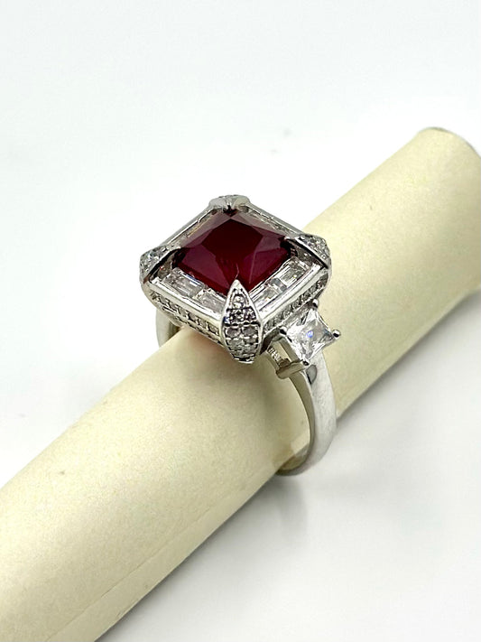 Ruby and zircon studded, square shaped sterling silver cocktail ring
