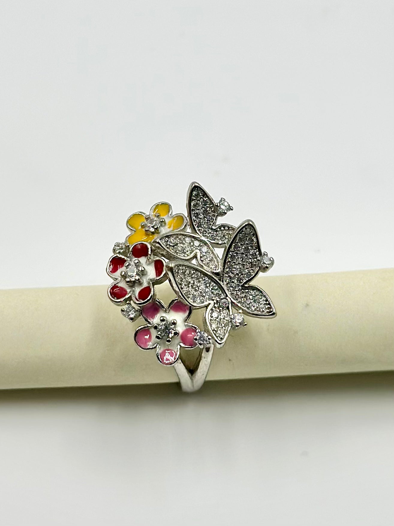 Zircon studded, enamel coated, flowers shaped sterling silver cocktail ring