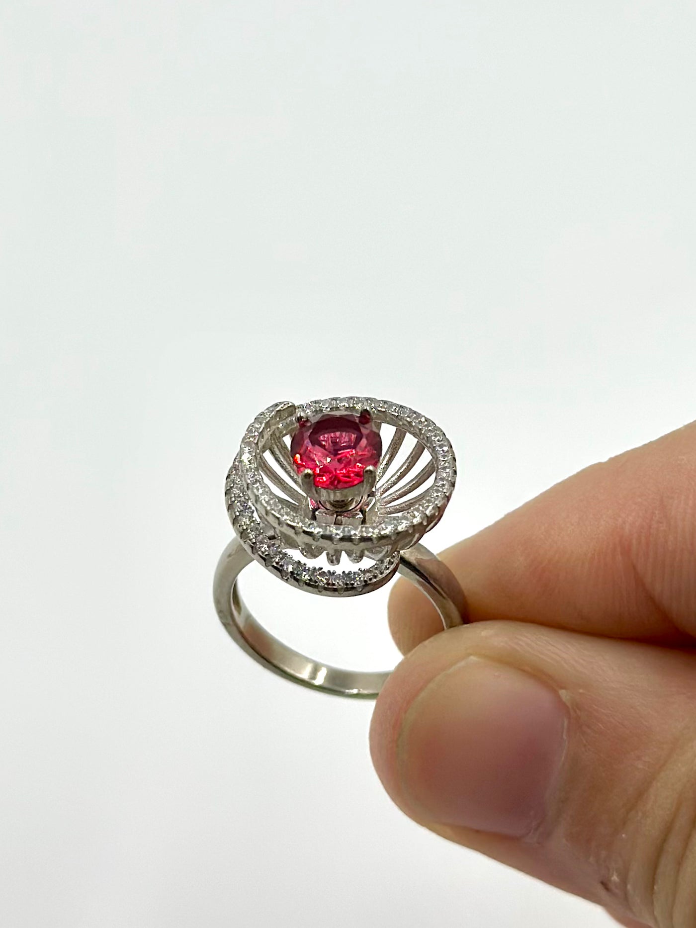 Zircon and stone studded, flower shaped with fidget spinner sterling silver cocktail ring