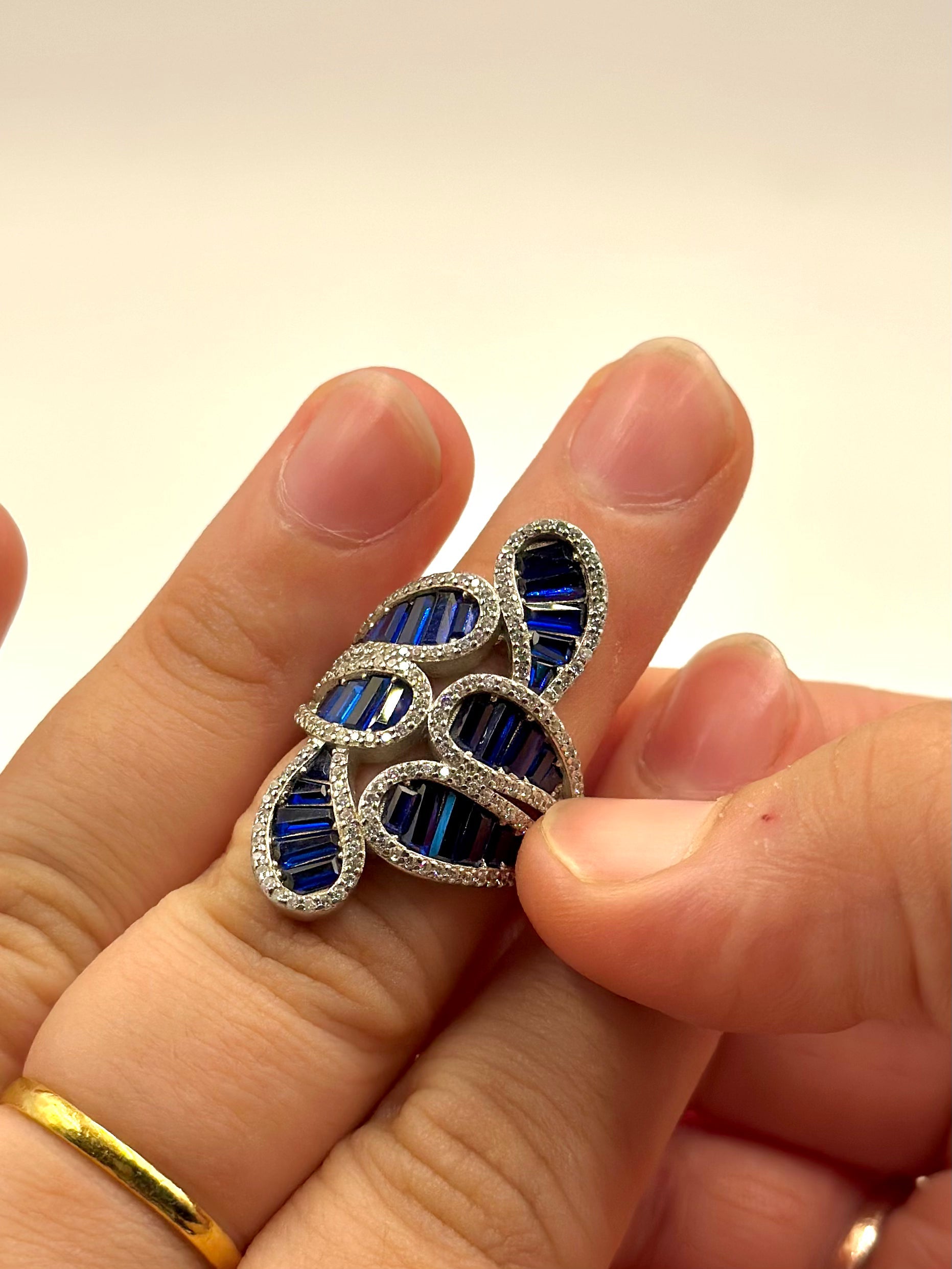 Zircon and stones studded sterling silver cocktail ring