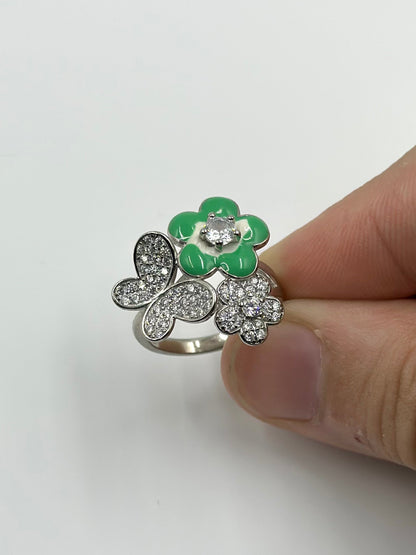 Zircon studded, enamel coated, flower shaped sterling silver artisanal ring