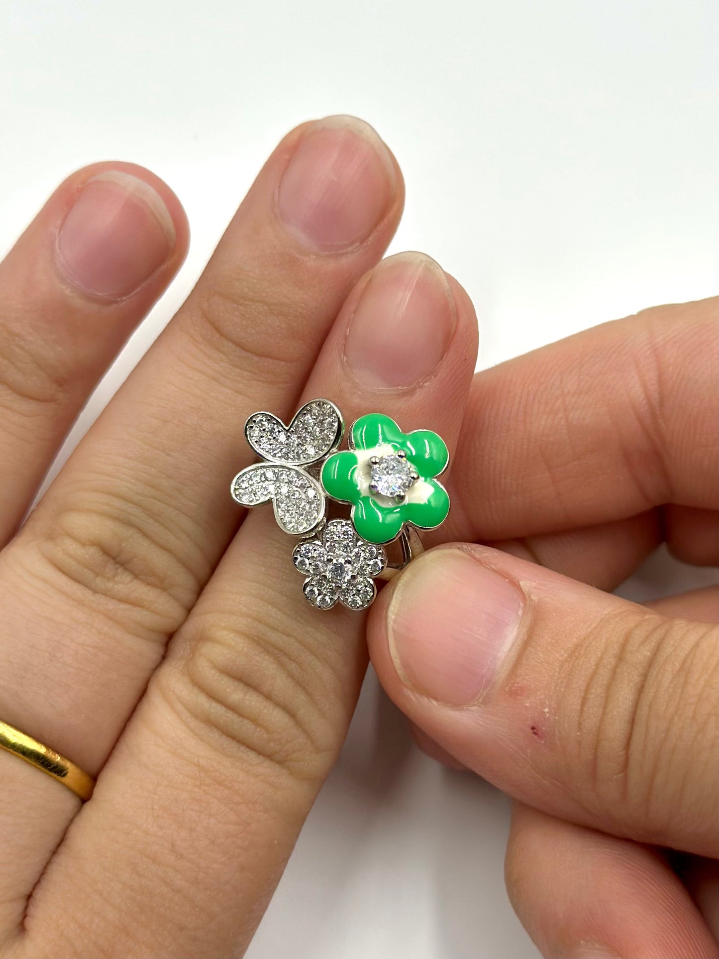 Zircon studded, enamel coated, flower shaped sterling silver artisanal ring