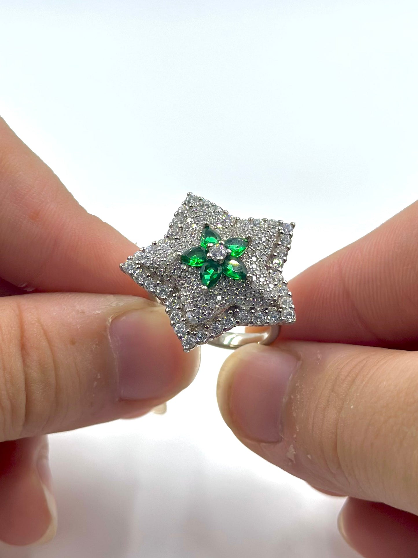 Zircon and stone studded, flower shaped sterling silver cocktail ring