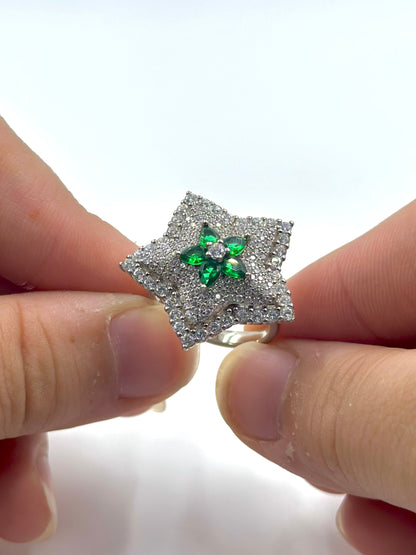 Zircon and stone studded, flower shaped sterling silver cocktail ring