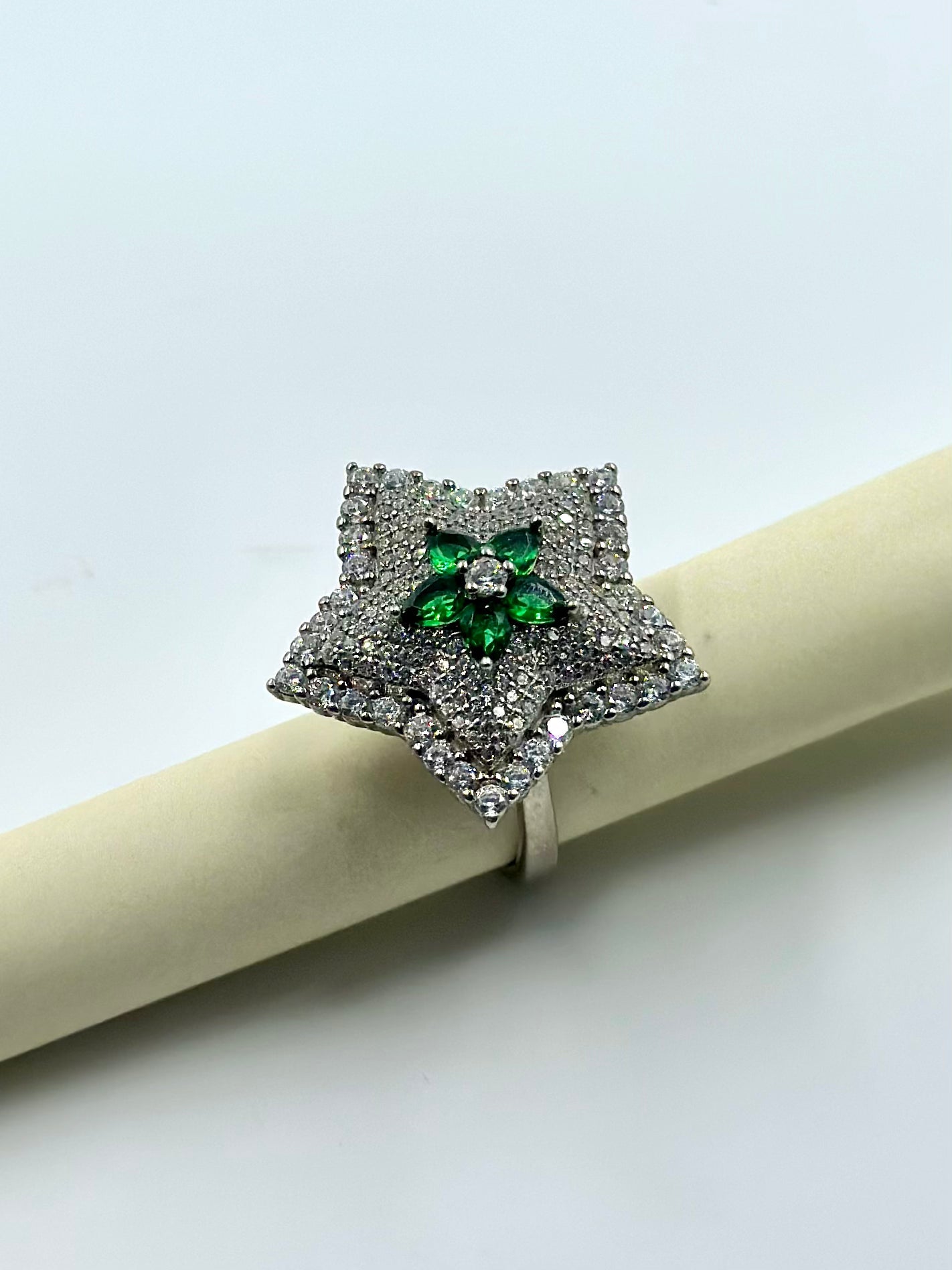 Zircon and stone studded, flower shaped sterling silver cocktail ring