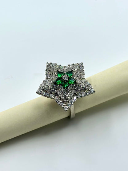 Zircon and stone studded, flower shaped sterling silver cocktail ring