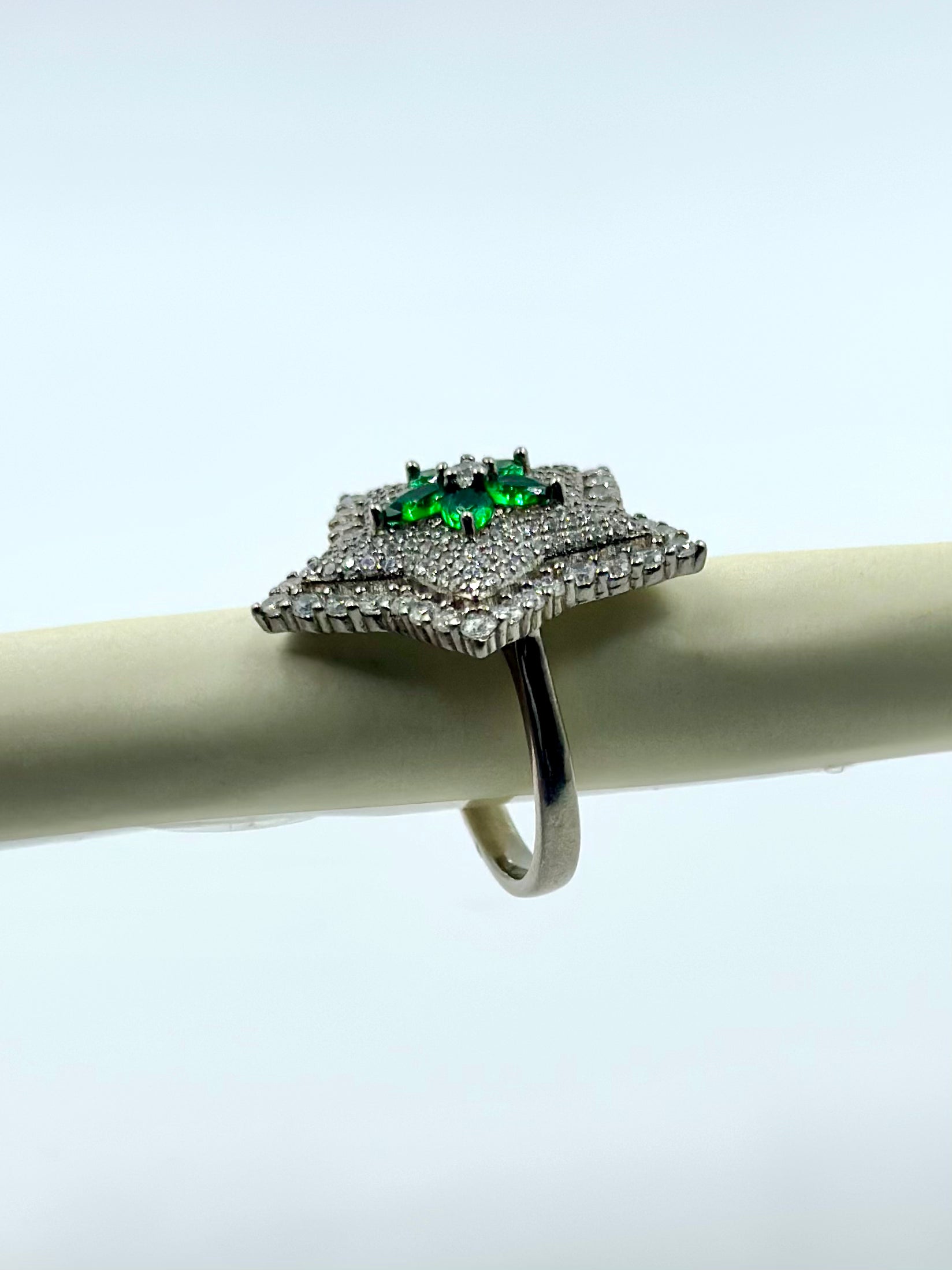 Zircon and stone studded, flower shaped sterling silver cocktail ring