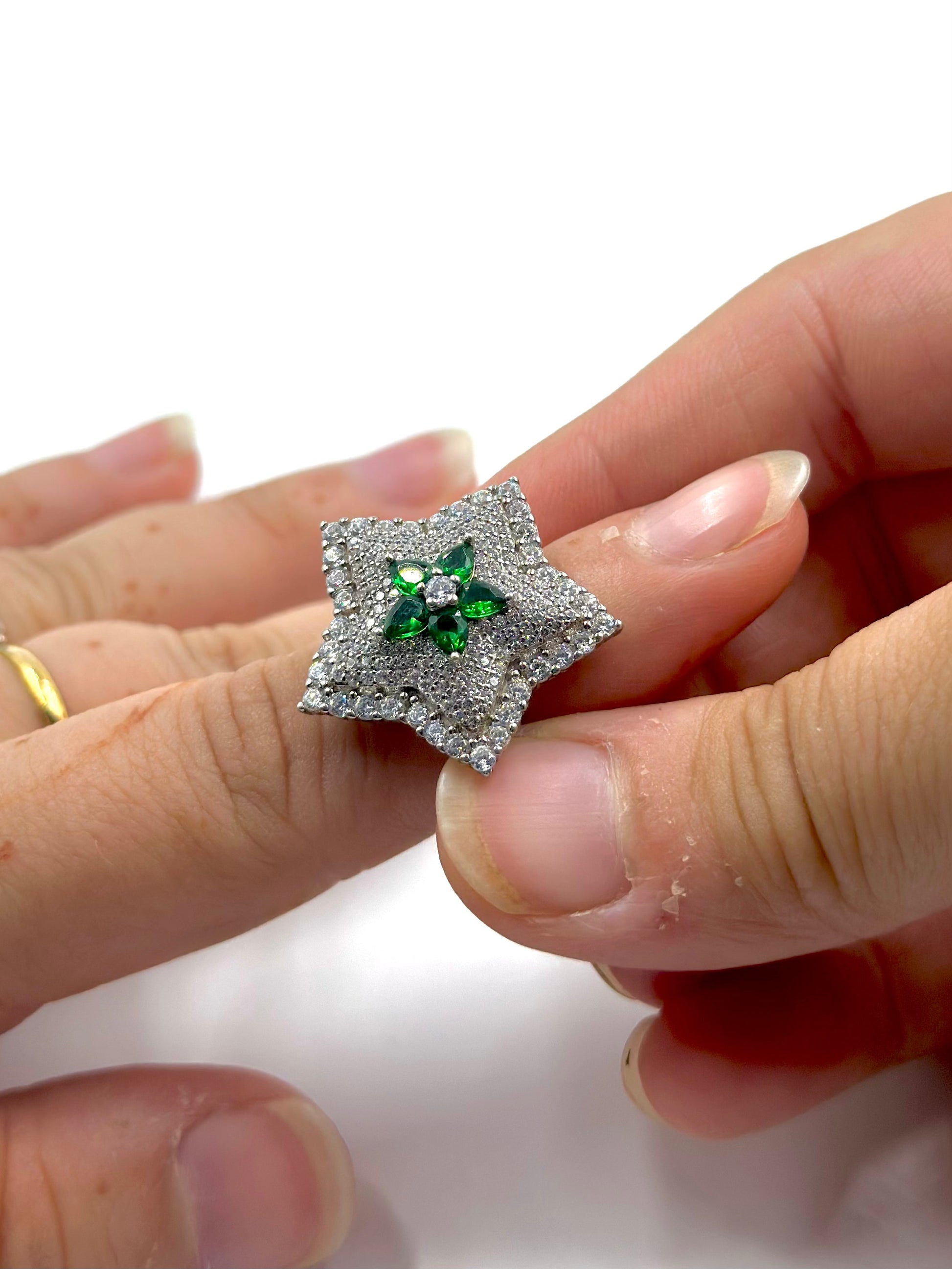 Zircon and stone studded, flower shaped sterling silver cocktail ring