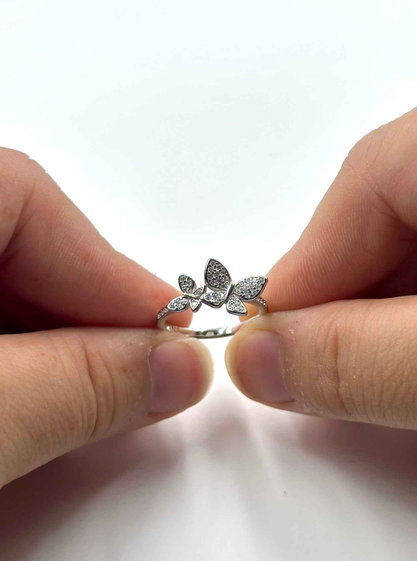 Zircon studded, butterfly shaped sterling silver artisanal ring