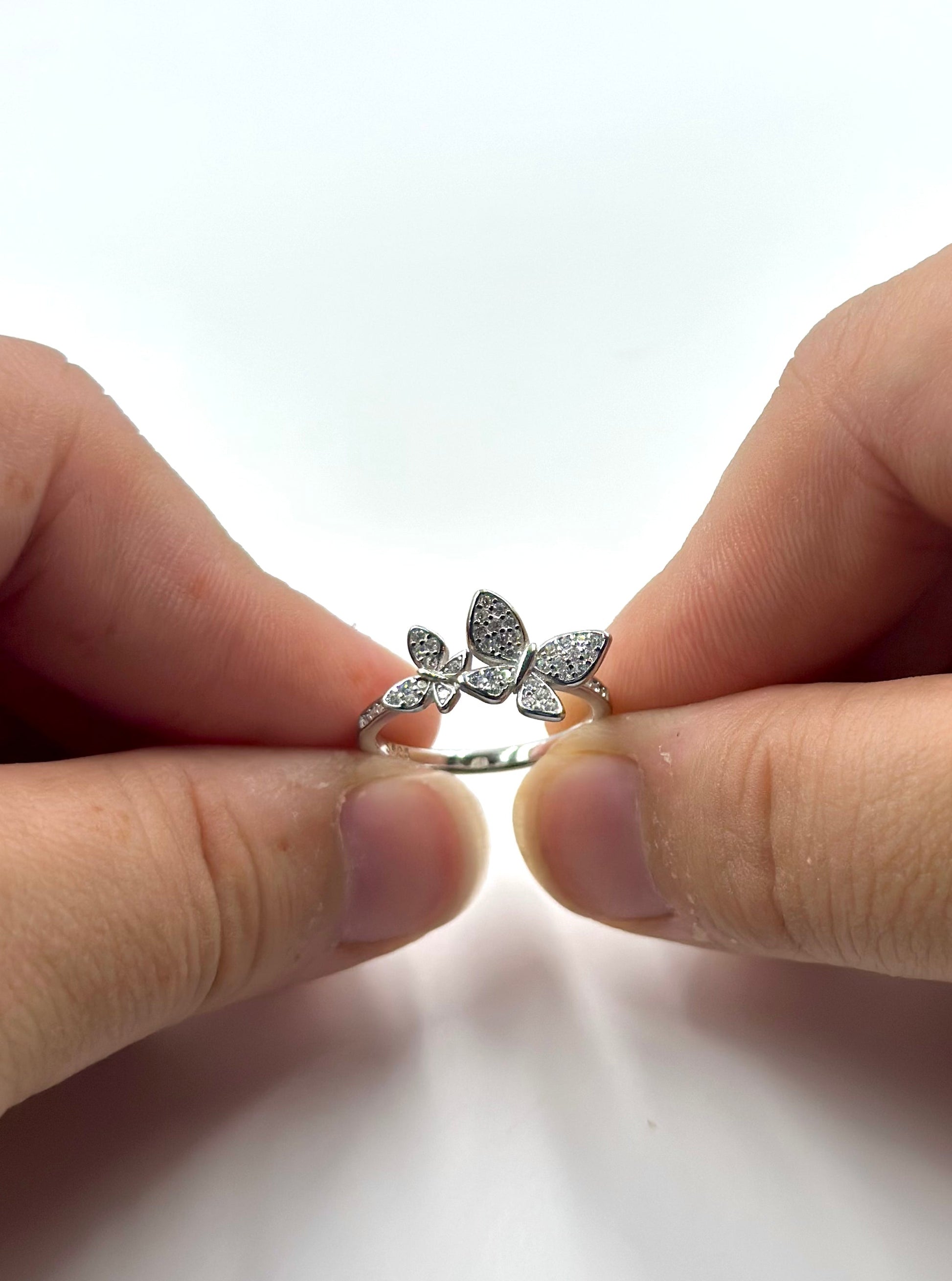 Zircon studded, butterfly shaped sterling silver artisanal ring