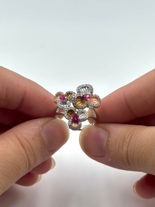 Zircon and stone studded, flower shaped sterling silver cocktail ring