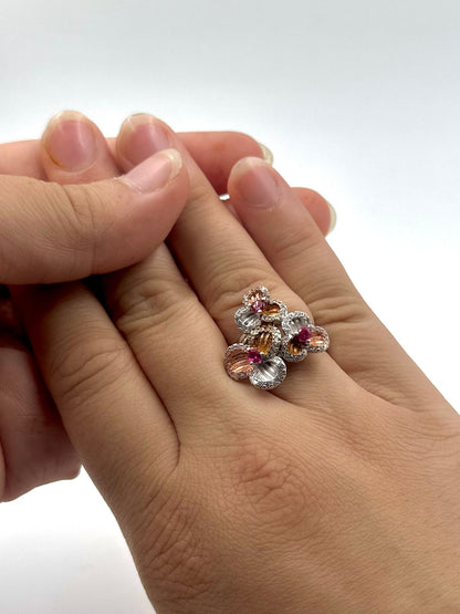 Zircon and stone studded, flower shaped sterling silver cocktail ring