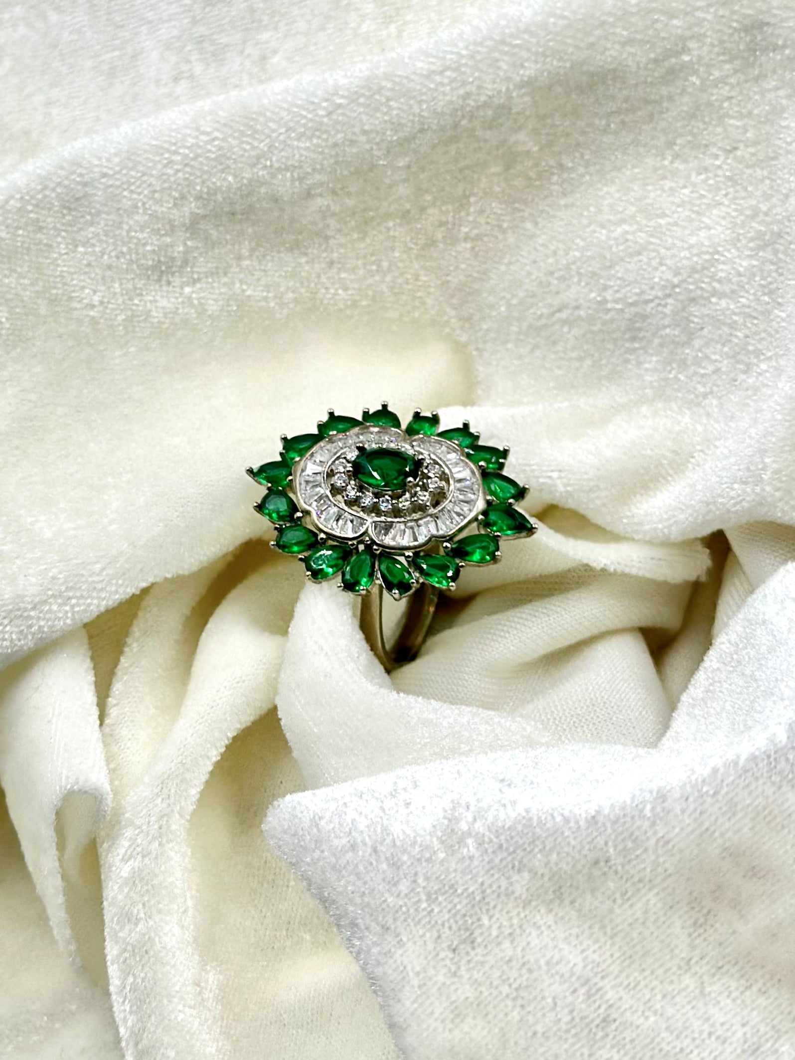 Zircon and stone studded, flower shaped sterling silver cocktail ring