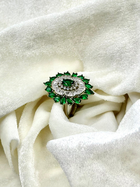 Zircon and stone studded, flower shaped sterling silver cocktail ring