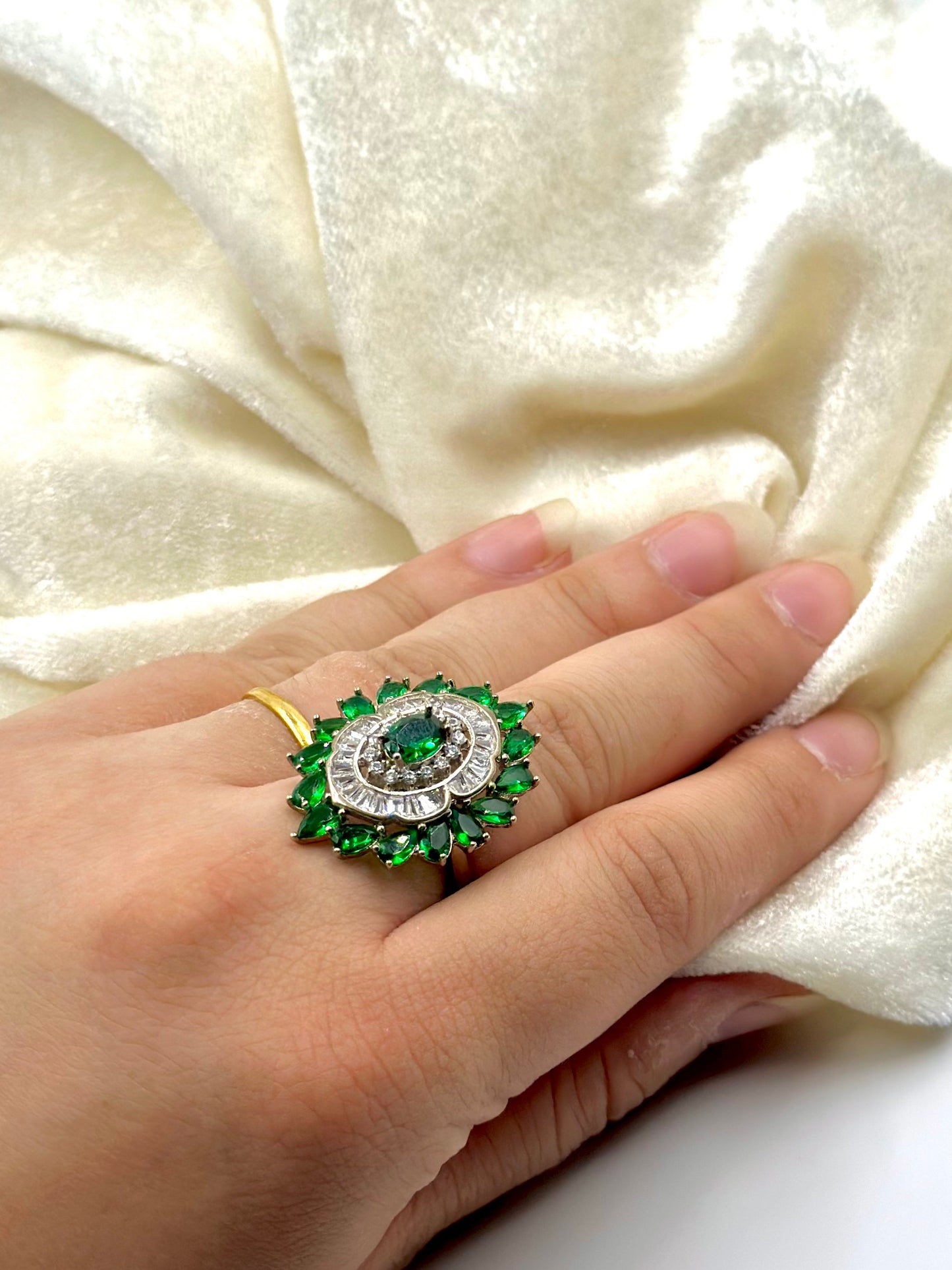 Zircon and stone studded, flower shaped sterling silver cocktail ring