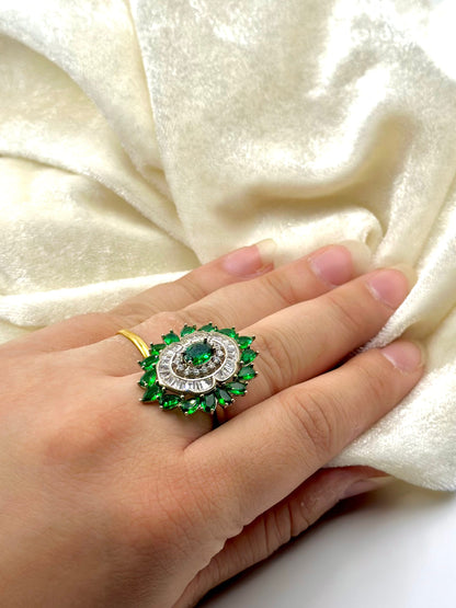 Zircon and stone studded, flower shaped sterling silver cocktail ring