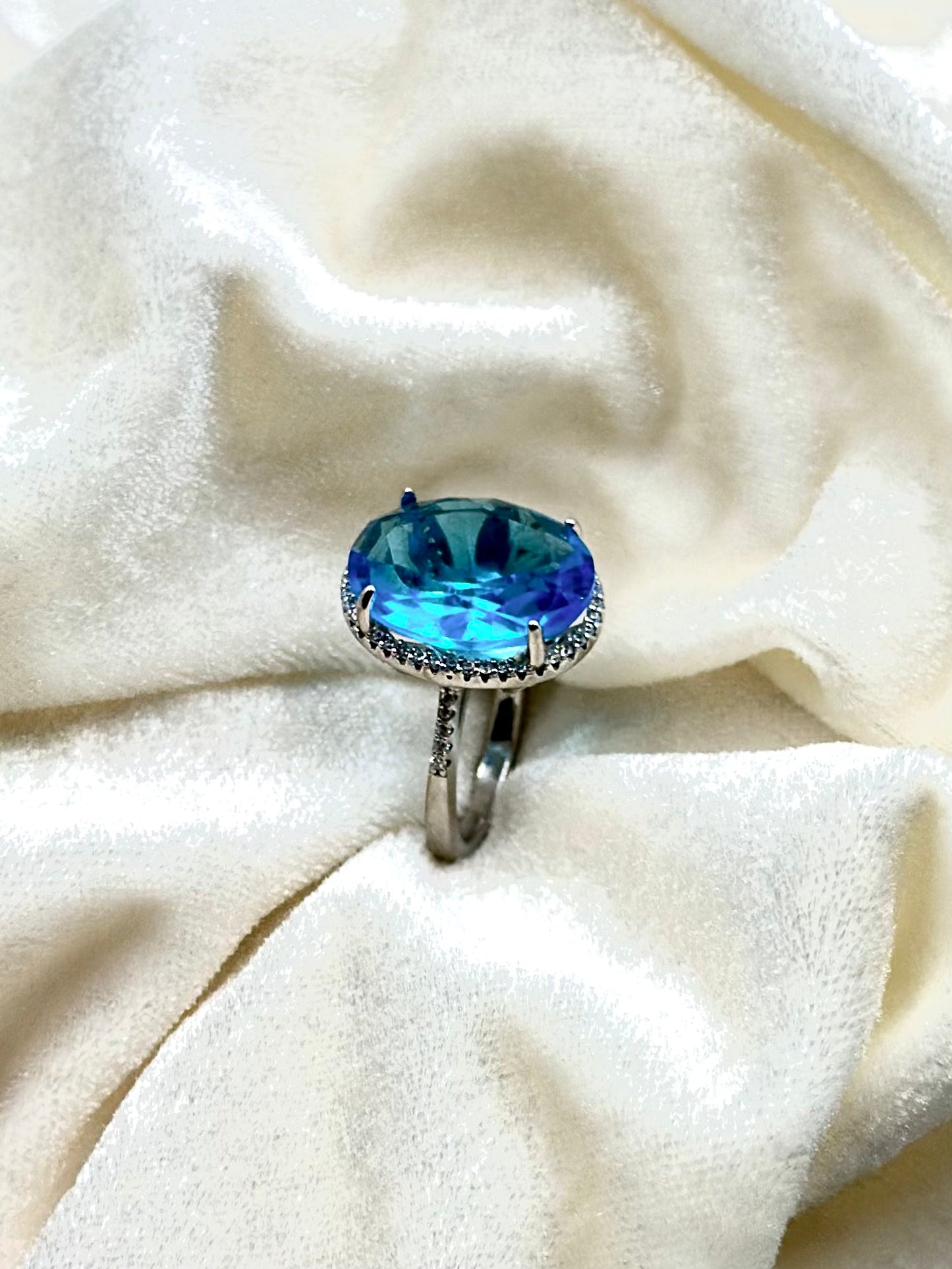 Stone and zircon studded, oval shaped sterling silver cocktail ring