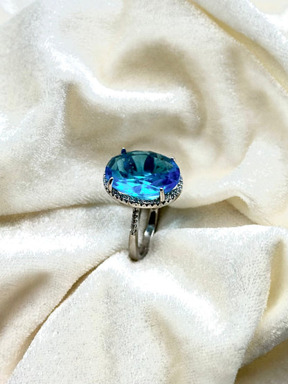 Stone and zircon studded, oval shaped sterling silver cocktail ring