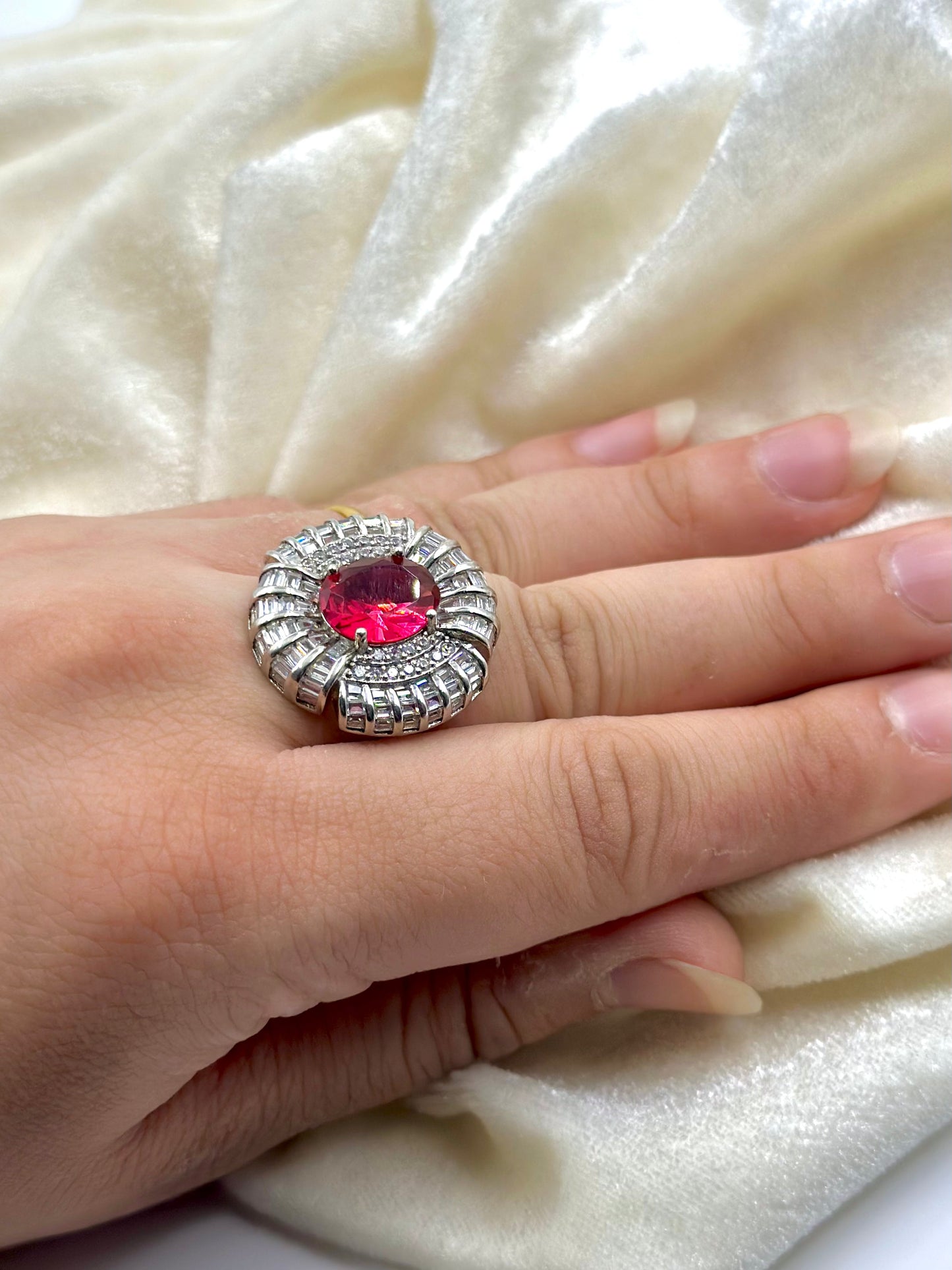 Stone and zircon studded, Flower shaped sterling silver cocktail ring